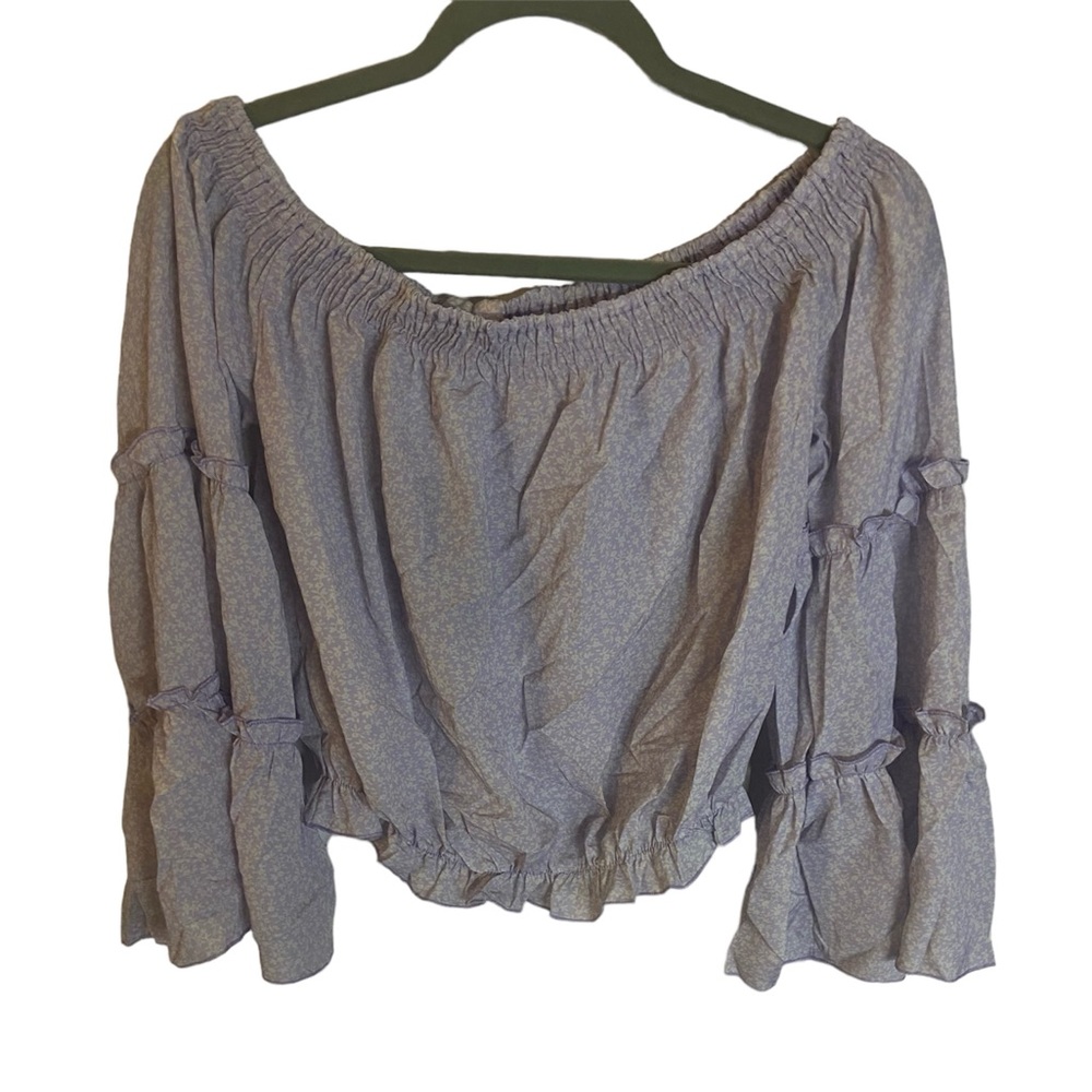 Women Purple Flower off the shoulder bell sleeve top_Large - Picture 3 of 12